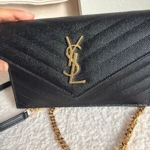 Saint Laurent Black Quilted Envelope Chain Wallet - YSL Logo